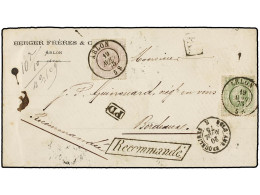 BELGICA. 1875. ARLO To FRANCE. Envelope Franked With 10 Cts. Green And 1 Fr. Lilac Stamps. RECOMMANDE Mark. Arrival Cds. - Sonstige & Ohne Zuordnung