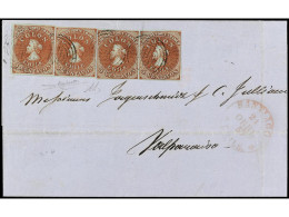 CHILE. 1857. SANTIAGO A VALPARAÍSO. 5 Ctvos. Castaño Rojo, Dos Parejas. Segunda Impresión De Londres, Sellos Con Cuatro  - Other & Unclassified