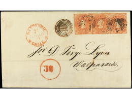 CHILE. 1859. SANTIAGO A VALPARAISO. 5 C. Rojo, Tira De 3, Mat. Parrilla. Multada Con 30 C. Y Otra Cancelada. Carta Repar - Autres & Non Classés