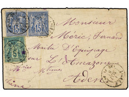 CHINA. 1881. Sobre Circulado Al 'Maitre D'Equipage Sur L'Amazone' En ADEN Con Sellos De 5 Cts. Verde, 15 Cts. (2), Mat.  - Sonstige & Ohne Zuordnung