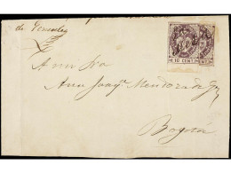 COLOMBIA. 1869. Cover From LA MESA To BOGOTA, Franked By 1865 10c. Violet Marginal From Base Of Sheet And A Vertically B - Sonstige & Ohne Zuordnung