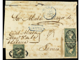CUBA. 1858. HABANA A JARUCO. Carta Certificada Franqueada Con Tres Sellos De 1/2 Real Verde Azulado, Mat. Parrilla Colon - Other & Unclassified