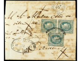 CUBA. 1865. HABANA A CARDENAS. Carta Certificada Franqueada Con 3 Sellos De 1/2 Real Verde, Mat. Parrilla Colonial Y Fec - Sonstige & Ohne Zuordnung