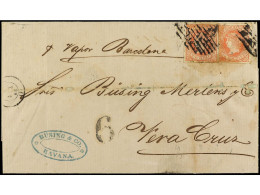 CUBA. 1865. HABANA A VERACRUZ. 2 Reales Rojo (2) Manuscrito 'p. Vapor Barcelona' Tasada Con 6 Reales A La Llegada A Méxi - Otros & Sin Clasificación