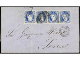 CUBA. 1870. SANTIAGO A TERUEL (España). 5 Cts. Azul Tira De Cuatro, Mat. Parrilla. Excepcional Franqueo, único Conocido. - Other & Unclassified