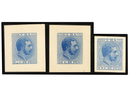 CUBA. 1882. ALFONSO XII. Conjunto De 7 PRUEBAS DE PUNZÓN, Cuatro Con Márgenes Pequeños, 1/2 Mils. Lila Rosa, 2 Mils. Car - Autres & Non Classés