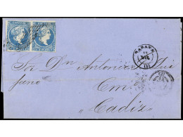 CUBA. 1862. HABANA A CÁDIZ. 1/2 Real Azul, Pareja FALSO POSTAL (Graus Tipo II, Guerra Tipo III). Ant.7F. - Sonstige & Ohne Zuordnung