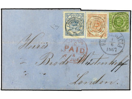 DINAMARCA. 1867 (June 1). Cover To London With Three Colour Franking Of1858/62 8 Sk. Green With 1864/68 2 Sk. Blue And 4 - Otros & Sin Clasificación