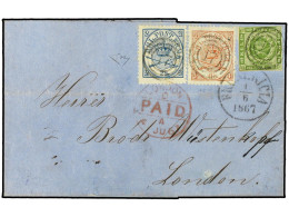 DINAMARCA. 1867 (June 1). Cover To London With Three Colour Franking Of1858/62 8 Sk. Green With 1864/68 2 Sk. Blue And 4 - Autres & Non Classés