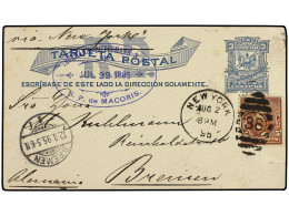 REPUBLICA DOMINICANA. 1895 (July 18). 3c. Blue Postal Stationery Card Written From S.P. De Macoris With Oval Senders' Ca - Other & Unclassified