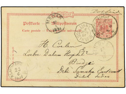 EGIPTO. 1891 (June 4). Germany 10pf. Carmine Postal Stationery Card Written On Board Ship In SUEZ CANAL To DELI (Sumatra - Other & Unclassified