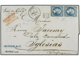 FRANCIA. 1864. MARSEILLE A IGLESIAS (Cerdeña, Italia). 20 Cts. Azul (2), Mat. ANCLA Y Fechador Del Paquebot HERMUS/* (Sa - Other & Unclassified