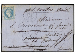 FRANCIA. 1870 (Oct. 3). PARIS To DIEPPE Redirected Several Times Until BORDEAUX. Folded Letter (without Text) Franked Wi - Autres & Non Classés