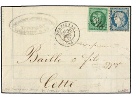 FRANCIA. 1871 (20 Septiembre). PERPIGNAN A CETTE. 5 Cts. Verde Intenso Y 20 Cts. Azul, Mat. CIFRAS GRANDES '2818'. Color - Otros & Sin Clasificación