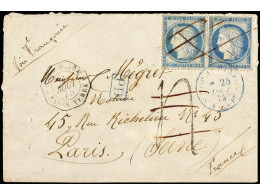 GUADALUPE. 1875 (Aug 9). Cover To PARIS Bearing FRANCE Perf. Ceres 1871-75 25 C. Blue Pair (rare Usage In Guadeloupe), C - Sonstige & Ohne Zuordnung