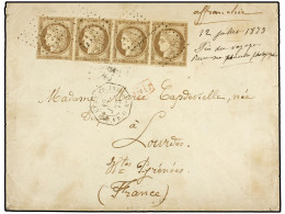 INDIA FRANCESA. 1873 (July 12). Double Rate Cover To LOURDES Franked By 30 C. Strip Of Four, Margins Just Touched To Ver - Andere & Zonder Classificatie