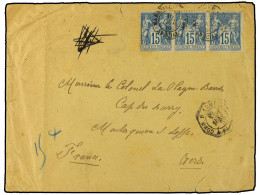 INDOCHINA FRANCESA. 1886. SAIGÓN A FRANCIA. Sobre Con Franquicia Al Dorso Circulado Con Tres Sellos De 15 Cts. Azul, Mat - Altri & Non Classificati