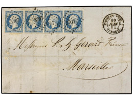 LEVANTE: CORREO FRANCES. 1854 (June 10). Cover From CONSTANTINOPLE To MARSEILLE Franked By Large Margined 1853 25c. Blue - Autres & Non Classés