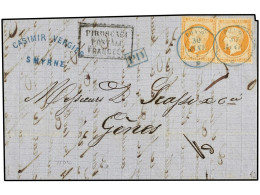 LEVANTE: CORREO FRANCES. 1863. SMYRNA A GÉNOVA (Italia). 40 Cts. Naranja (2) (Yv. 23) Mat. De Paquebot PHASE/* En Azul.  - Sonstige & Ohne Zuordnung