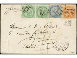 NUEVA CALEDONIA. 1870 (December 16). Small Envelope To PARIS With Eagles 5 C. Pair (rare Used In N. Caledonia) + 20 C. B - Altri & Non Classificati