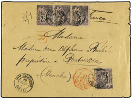 NUEVA CALEDONIA. 1889 (20 June). Triple-rate Cover Registered To Pontorson Bearing 25 C. Black On Rose (single And Strip - Autres & Non Classés