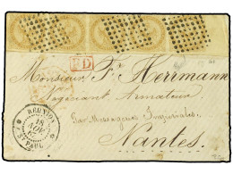 REUNION. 1867 (Nov 18). Cover From St. Paul To Nantes Franked By Sheet Marginal Strip Of Five 1859-65 10c Bistre Cancell - Other & Unclassified