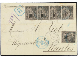 REUNION. 1890 (Oct 16). Registered Cover To NANTES Bearing Single And Horizontal Strip Of Four General Issues 1881 Duboi - Other & Unclassified