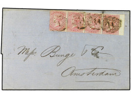 GRAN BRETAÑA. 1857(May 16). Cover To Amsterdam Franked By Very Fine Strip Of Four 1857 4d Rose All Tied By London '14' N - Otros & Sin Clasificación