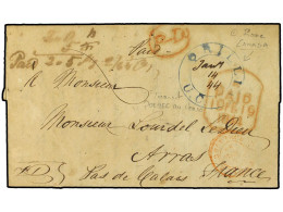 CANADA. 1844. Pre-stamp Envelope To FRANCE Cancelled By ORILLIA U.C. Double Ring In Blue With Date In Manuscript Routed  - Autres & Non Classés