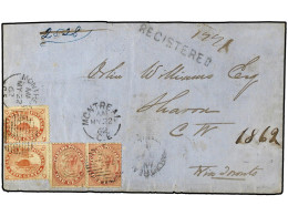 CANADA. 1862 (May 22). Registered Cover To SHARON Via Toronto, Bearing Perf 1859 1 C. Rose Pair And Beaver 5 C. Vermilio - Other & Unclassified