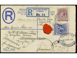 FALKLAND. 1923. Registered Envelope De 2 P. Azul, Más 2 P. Lila, De STANLEY A GRAN BRETAÑA. Leve Raspadura En El Papel ( - Autres & Non Classés