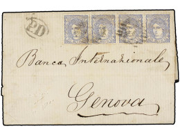 ESPAÑA. 1871. GIBRALTAR A GÉNOVA (Italia). 50 Mils. Azul Tira De Cuatro. Mat. Parrilla 1 De Madrid. Sellos Excepcionalme - Sonstige & Ohne Zuordnung