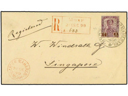MALAYA: JOHORE. 1898. Registered Cover To SINGAPORE Franked By Single 1898 $ 4 Dull Purple & Brown, SG 52, Tied By MUAR  - Sonstige & Ohne Zuordnung