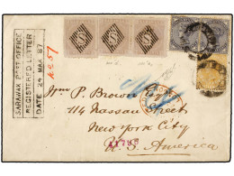 SARAWAK. 1887 (24 Marzo). SARAWAK To NEW YORK Registered Envelope Bearing 1875 2 Cts. Lilac Strip Of Three Cancelled By  - Sonstige & Ohne Zuordnung