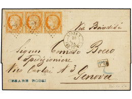 SINGAPUR. 1875 (28-8). SINGAPORE A GENOVA (Italia).Circulada Con Sellos Franceses De 40 Cts. Naranja (3), Mat. ANCLA, A  - Autres & Non Classés