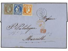 GRECIA. 1873 (Jan). Outer Letter Sheet From Syra To Marseille With Attractive Three Colour Franking Of 1870-72 10l. Oran - Other & Unclassified