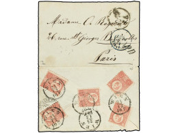 HUNGRIA. 1871 (Dec 23). Cover From PESTH To PARIS Bearing, On Reverse, Five Lithographed 1871 5kr. Rose Red, All Tied In - Other & Unclassified