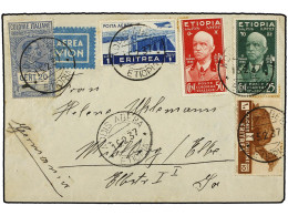 ETIOPIA. 1937. ADDIS ABEBA A ALEMANIA. 10, 25, 50 Cts. Y 1 Lira Y Sello De MARCA DA BOLLO De 20 Cts. Azul. Muy Raro En C - Other & Unclassified