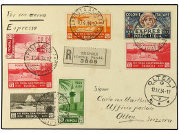 LIBIA. 1934. Express Airmail Card To Switzerland Franked By 2 L. 50 C. On 2 Lire Express Stamp And 1934 8th Fiera Campio - Otros & Sin Clasificación