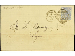 MARRUECOS. 1884 (Feb 11). Outer Letter Sheet From TANGIER, Mailed To LYON With Great Britain 1881 2½d. Ultramarine, Pl.  - Andere & Zonder Classificatie