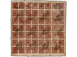 ° NEPAL. 1922-25. 2 Annas Lilac Carmine, Setting 26. Complete Sheet Of 56 Stamps, Inverted Cliche Pos. 1, 8, 9, 14, 15,  - Altri & Non Classificati