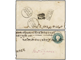 NEPAL. 1884 (Oct.). KATHMANDU To MOTIHARE (India). 1/2 Anna Green Indian Envelope Cancelled With NEPAL Datestamp, On Bac - Other & Unclassified