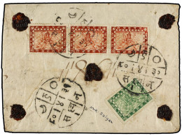 NEPAL. 1923 (August). SALYAN To KATHMANDU. Registered Double-weight Cover Franked With 4 Pice Green And Strip Of Three 8 - Otros & Sin Clasificación