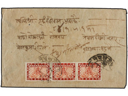 NEPAL. 1927 (April). KATHMANDU. Local Registered Cover Franked With Strip Of Three 8 Pice, Bright Scarlet. Mi.23 (3). - Andere & Zonder Classificatie