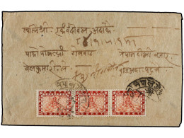 NEPAL. 1927 (April). KATHMANDU. Local Registered Cover Franked With Strip Of Three 8 Pice, Bright Scarlet. Mi.23 (3). - Autres & Non Classés
