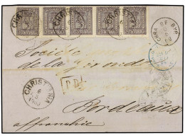 NORUEGA. 1869 (May 6). Cover To Bordeaux Franked By Scarce Usage Of 1867-68 3sk3. Dull Lilac Tied By Christiania Cds's.  - Sonstige & Ohne Zuordnung