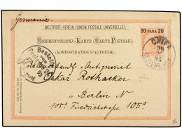 PALESTINA. 1895 (May 29). 20pa. On 5kr. Rose On Buff Postal Stationery Card (Michel P10) Used To BERLIN Tied By Superb S - Autres & Non Classés