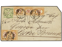 PERU. 1871. LIMA A ITALIA. 1 Dinero Verde, Tasada A La Llegada Con 2 Liras 30 Cts. Pagados Con Sellos De 10 Cts., 50 Cts - Other & Unclassified