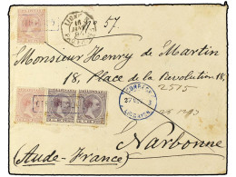 FILIPINAS. 1893. LINGAYEN A NARBONNE (Francia). 2 Cts. Violeta (2) Y 10 Ctvos Rosa (2). Mat. Lineal CERTIFICADO Y Fechad - Altri & Non Classificati