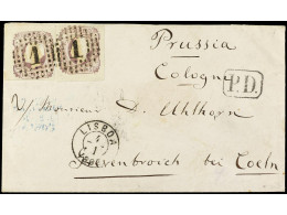 PORTUGAL. 1867. LISBOA A ALEMANIA. 100 Reis Lila. Mat. Parrilla 1. Magnífica, RARO Franqueo Y Más En Esta Calidad. Mu.18 - Other & Unclassified